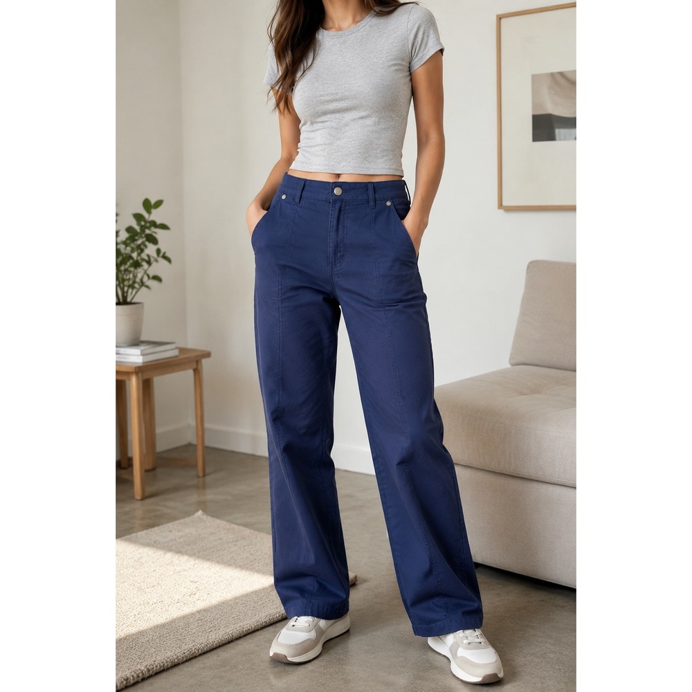 Loft Navy Blue Wide Leg Crop Pants High Rise Button Waist Seam Front Size 12